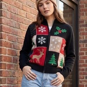 Breckenridge $68 Large Christmas Sweater Cardigan Zip Front Holiday Embroidered